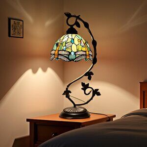 Tiffany Style Table Lamp, Stained Glass Desk , Metal Leaf  Brown Dragonfly